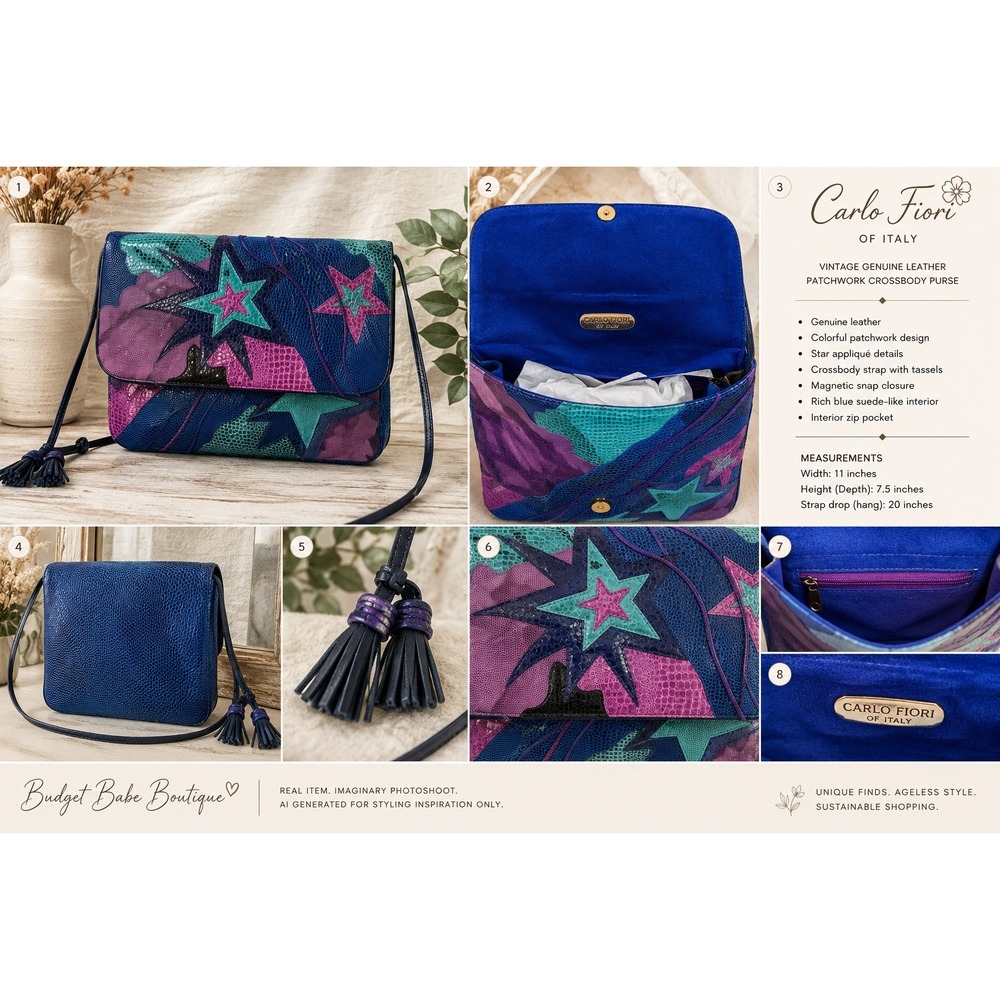 Vintage Carlo Fiori Italy Leather Patchwork Crossbody Purse Star Tassels Blue